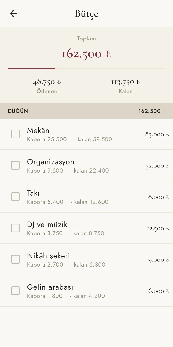 Bütçe ekranı: harcamalar, kapora ve kalan ödemeler