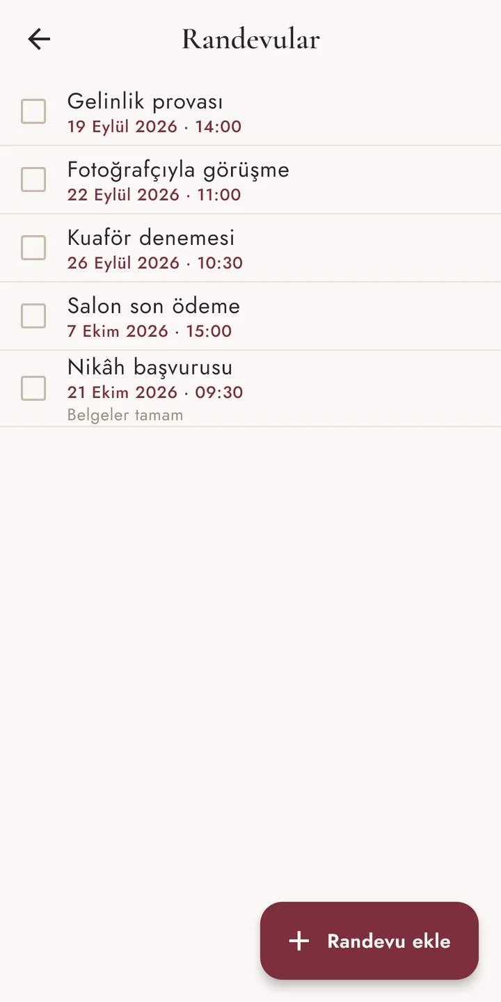 Randevular ekranı: prova, fotoğrafçı ve kuaför randevuları